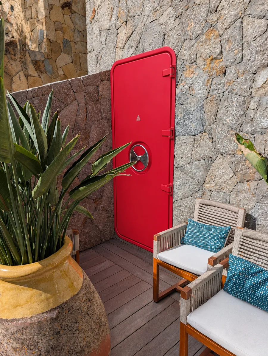 The red door at the Sand Bar, Eden Roc, St. Barth's