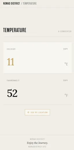 The Nomad District temperature converter app showing 11°C and 52°F