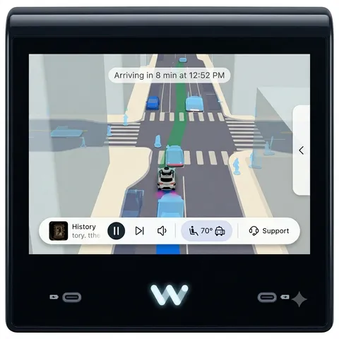 Waymo rear seat screen showing lidar view of San Francisco intersection with labeled cars, cyclists and pedestrians